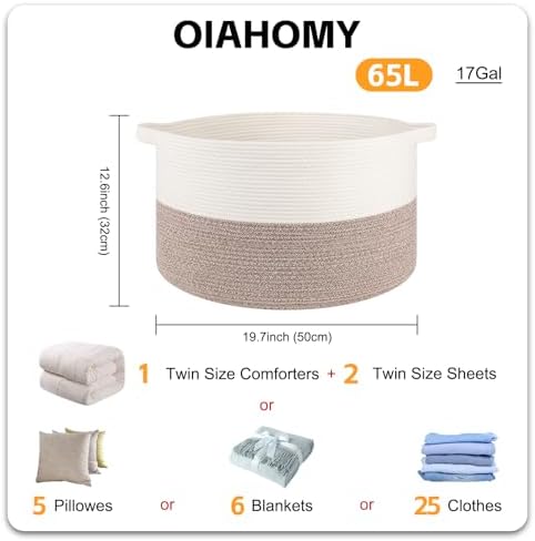 OIAHOMY Large Blanket Basket Living Room Cotton Rope Laundry Basket Brown - Image 2