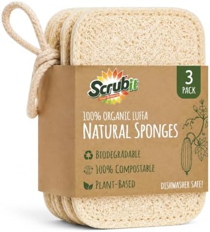 Natural Loofah Dish Sponge 3-Pack Natural Biodegradable Sponges by SCRUBIT
