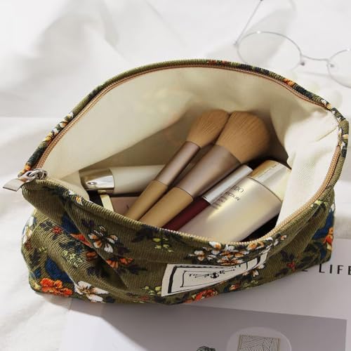 Floral Makeup Bags for Women, Large Cosmetic Pouch for Purse, Dark Green - Image 3