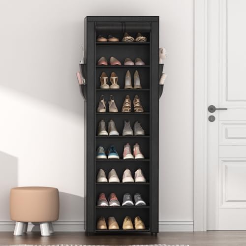 VILICK Shoe Rack with Cover Narrow Shoe Organizer with 4 Side Pockets 10 Tier - Image 2