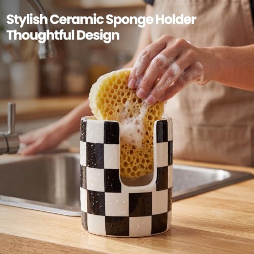 Kitchen Sink Sponge Holder, Checkered Dish Sponge Rack Ceramic Brush Holder - Image 4