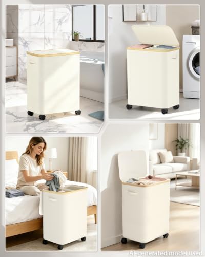 Double Laundry Basket with Wheels and Lid, 150L Clothes Hampers - Image 6