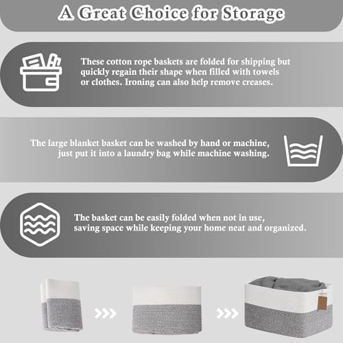 Goodpick 75L Extra Large Woven Rope Blanket Basket, Light Gray - Image 7
