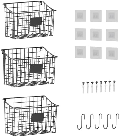 Wall Mounted Bin Basket with 5 Hooks 3 Label Plate Adhesive-3 Pack, Cabinet by X-cosrack