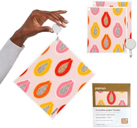 Papaya Swedish Dishcloths for Kitchen, 2 Reusable Paper Towels, 1 Hook by Papaya