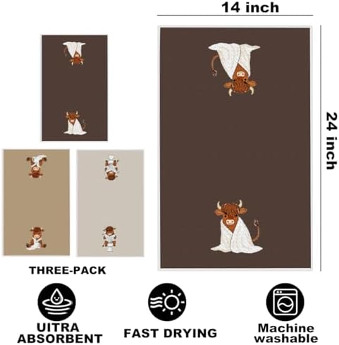 3 Pcs Funny Highland Cow Hand Towels, Cow Farmhouse Decorative Dish Towels - Image 2