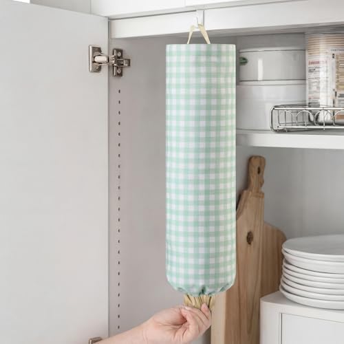 Gingham Plastic Bag Holder for Grocery Bag, Mint Green - Image 6