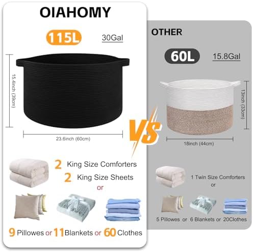 OIAHOMY 115L Extra Large Blanket Basket Living Room Laundry Basket Black - Image 2