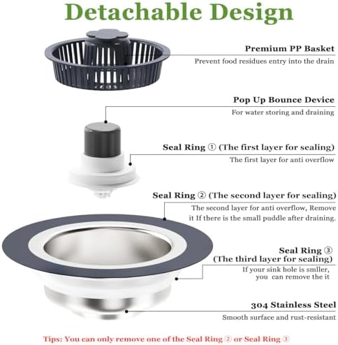3 in 1 Kitchen Sink Drain Strainer and Stopper Combo, Stainless Steel Pop Up - Image 5