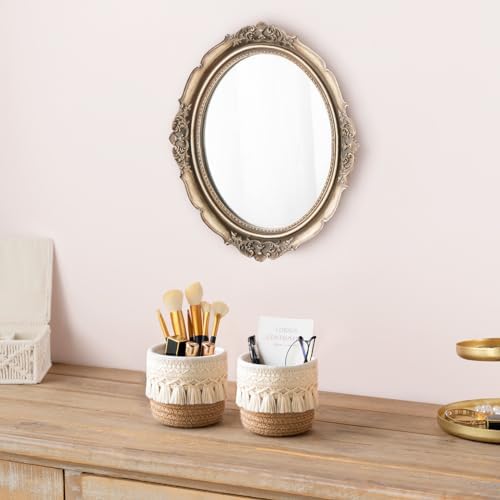 Mkono Macrame Makeup Brush Holder, Boho Mini Storage Basket Set of 2 - Image 3