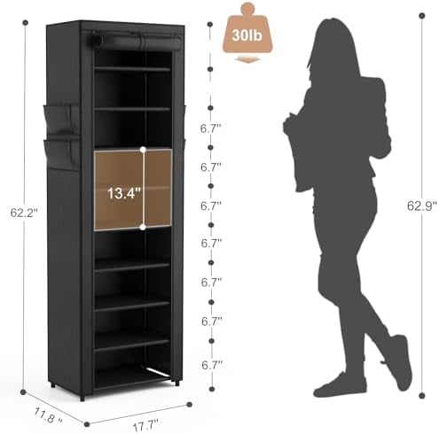 VILICK Shoe Rack with Cover Narrow Shoe Organizer with 4 Side Pockets 10 Tier - Image 3