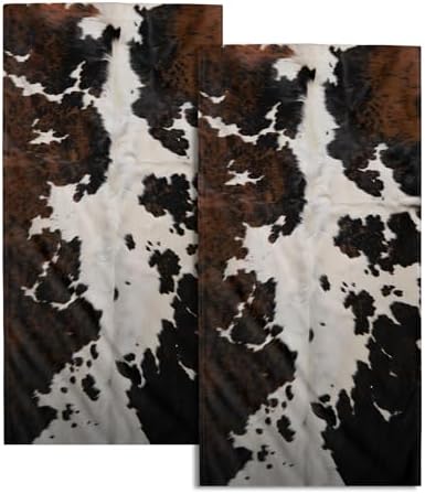 Cow Fur Texture Hand Towels 2 Pack 28x14 Inch White Black Brown Animal Skin by Granbey