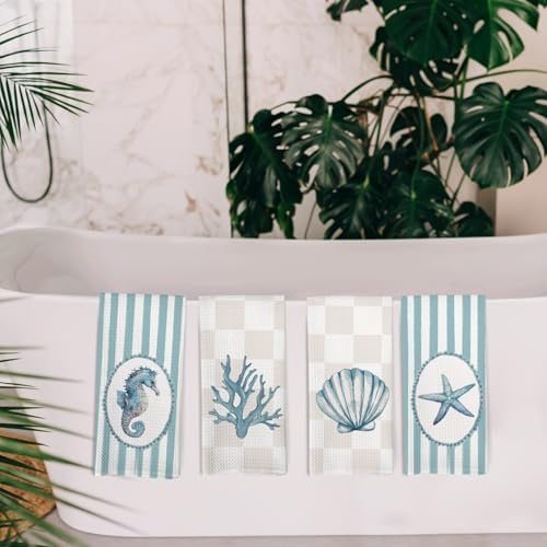 Coastal Beach Kitchen Towels and Dishcloths Set of 4, Beachy Striped Checkered - Image 5