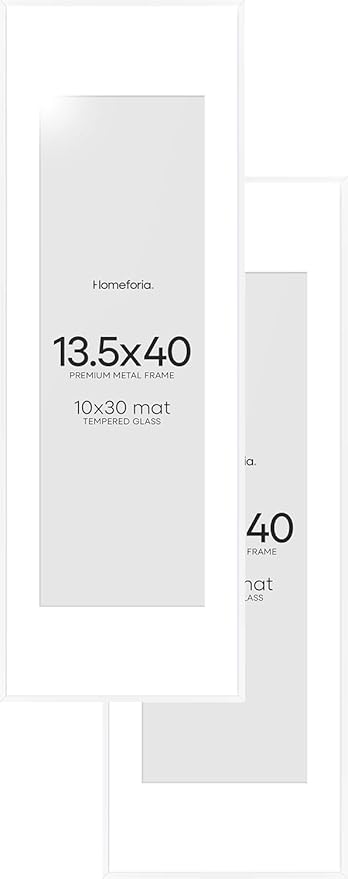 Homeforia 13.5x40 Panoramic Frame White, High End Metal 13.5x40 Picture Frames with Mat 10x30 Photo, 13.5 x 40 Poster Frames Matted to 10 by 30 Print, 40x13.5 Frames, Tempered Glass, Wall Kit, Set of 2