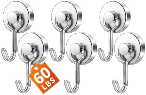 FINDMAG 6 Pack Silver Magnetic Hook, 60LB+ Magnetic Hooks by FINDMAG