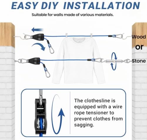 50FT Outdoor Clothesline Wire Rope System, Adjustable Steel Laundry Line - Image 7