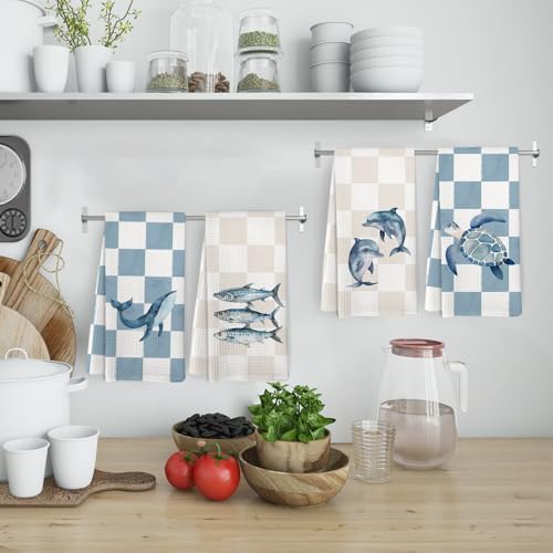 Preppy Coastal Beach Kitchen Towels and Dishcloths Set of 4, Nautical Beachy - Image 2