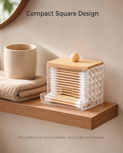 Cotton Swab Holder with Bamboo Lid, Diamond Cut Swab Dispenser - Image 6