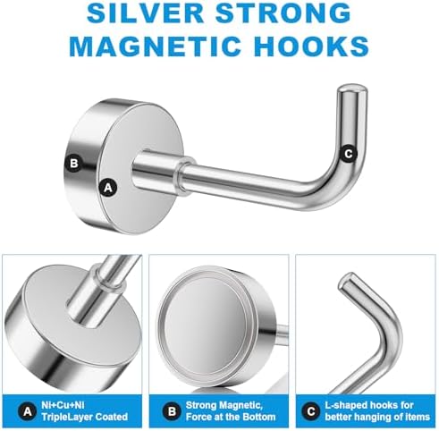 6Pack Heavy Duty Magnetic Hooks, Strong Neodymium Magnetic Hangers - Image 3