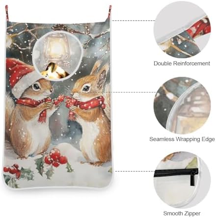 Christmas Squirrels Watercolor White Door Hanging Laundry Hamper Bag - Image 5