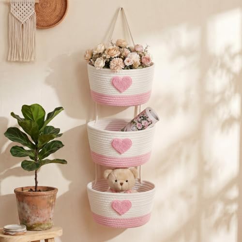 3-tier Heart Theme Cotton Rope Hanging Basket Organizer, Wall Storage Bin by Yiyiring