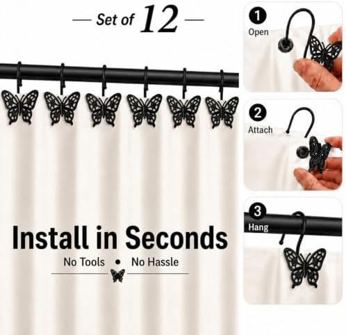 Butterfly Shower Curtain Hooks, Farmhouse Bathroom Decor, Rust-Resistant Zinc - Image 4