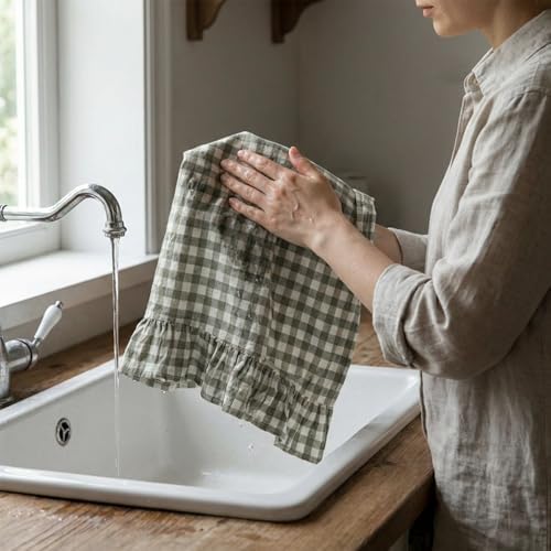 HunnmingRe 2 Pcs Sage Green Gingham Kitchen Towels Cotton Ruffled - Image 4