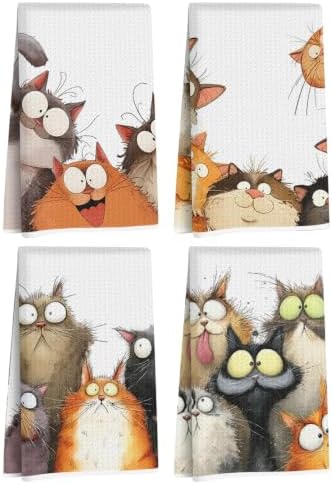 4 Pcs Cute Cat Kitchen Towels, Funny Cats Gifts Absorbent Hand Towels-01 by Jztco