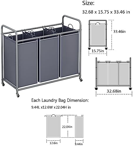 LINZINAR 3 Section Laundry Hamper, 135L Laundry Sorter - Image 5