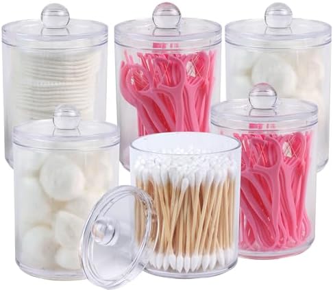 6 Pack Acrylic Qtip Holder Dispenser, Canisters Apothecary Jar Set by Aynoo