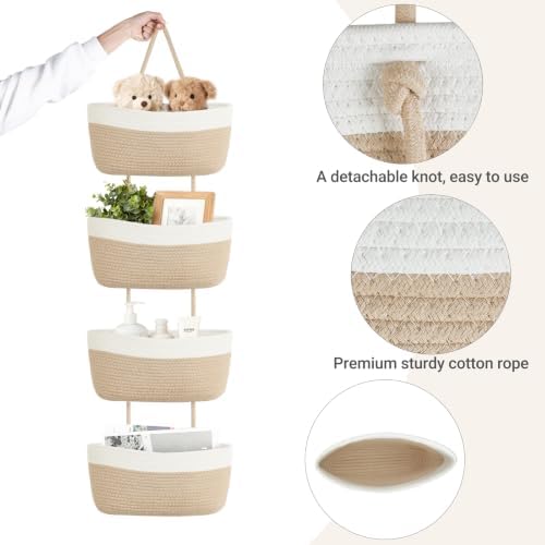Over The Door Hanging Basket Storage 4-Tier Woven Wall Basket, Jute & White - Image 5