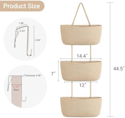 Dahey Over The Door Hanging Basket Storage 3-Tier Woven Wall Basket - Image 4