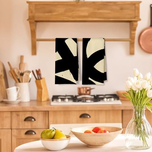 Beige and Black Abstract Kitchen Towels, Mid Century Modern Neutral Hand Towels - Image 2