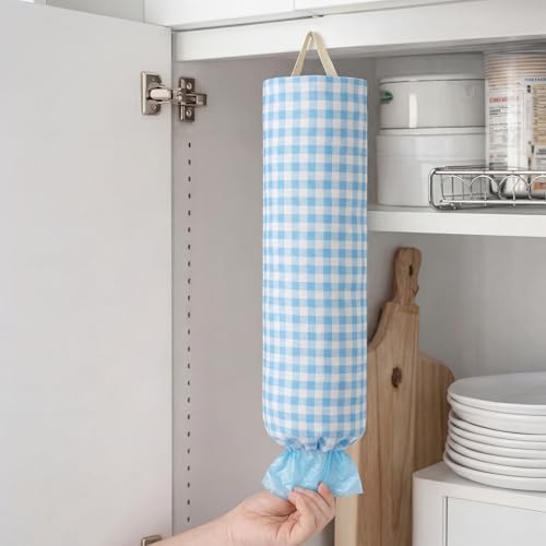 Gingham Plastic Bag Holder for Grocery Bag, Light Blue - Image 6