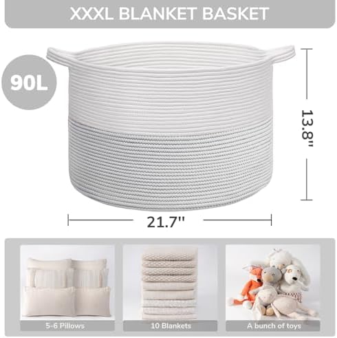 INDRESSME XXXLarge Woven Rope Blanket Basket Living Room White - Image 5
