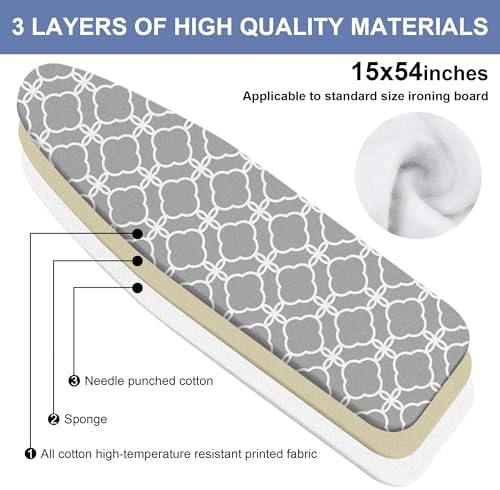 Grey Ironing Board Cover and Pad 15x54 Inch, 100% Cotton Surface Heavy Duty - Image 2
