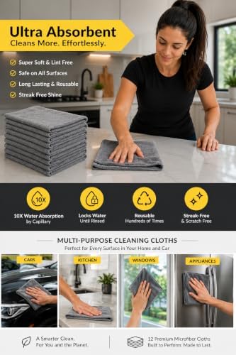 Microfiber Cleaning Cloths, 12 Pack, 12 x 12 Inch, 300 GSM, Lint Free, Ultra - Image 3