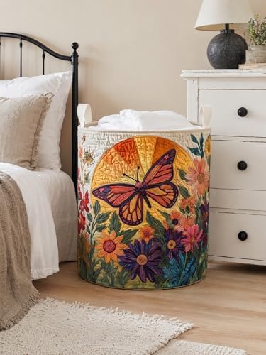 Quilted Laundry Basket with Handles, Boho Floral Quilted Storage Hamper - Image 4
