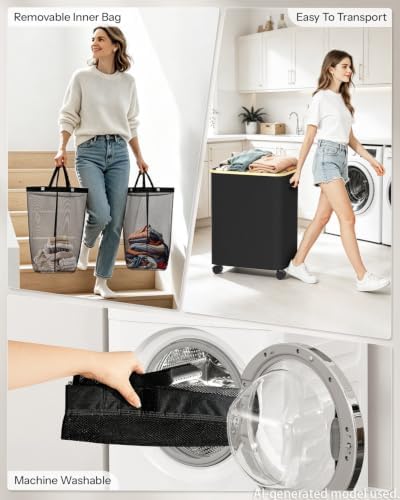 Double Laundry Basket with Wheels and Lid, 150L Clothes Hampers - Image 4