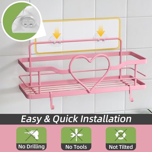 Pink Shower Caddy with 4 Removable Hooks, 2 Pack Sweet Heart Shower Shelves - Image 5