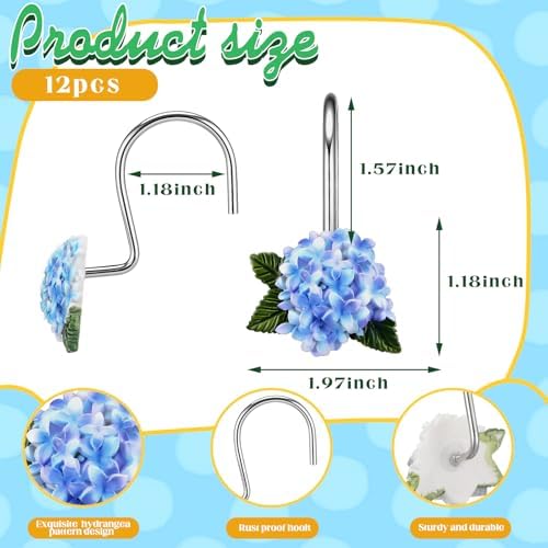 Amyhill 12 Pcs Hydrangea Decorative Shower Curtain Hooks Blue Flower Shower - Image 2