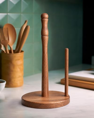 Farmhouse Acacia Wood Paper Towel Holder Countertop, Weighted Base by CHAUNCEYHOME