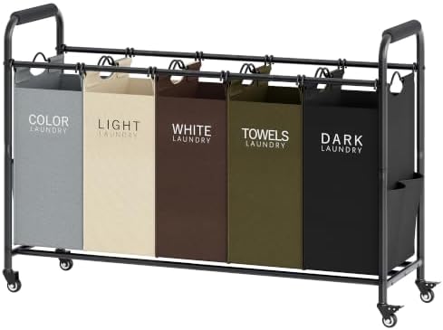 Tajsoon 5 Bag Laundry Sorter Cart, Laundry Hamper 5 Section, 5 Colors by Tajsoon