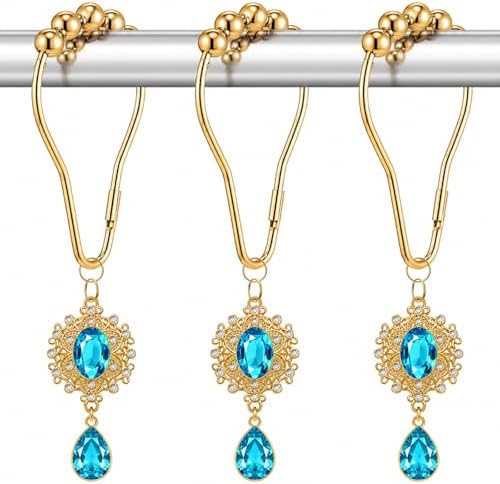 12PCS Aqua Blue Gem Shower Curtain Hooks, Elegant Bathroom Decor by Koveni