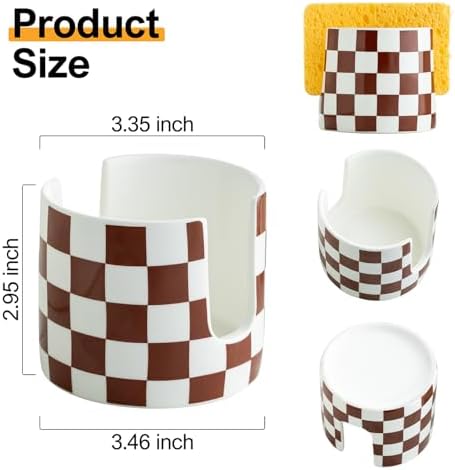Zoeeker Sponge Holder for Kitchen Sink, Ceramic Checkered Dish Sponge Caddy - Image 2