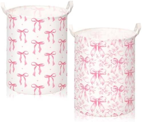 CroBlissful 2 Pcs Pink Bow Laundry Basket Coquette Storage Basket by CroBlissful