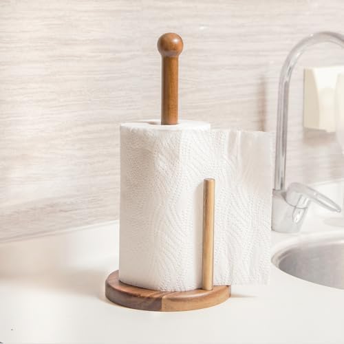 14" Acacia Wooden Paper Towel Holder, 6.7" Large Heavy Base Wooden Kitchen - Image 5
