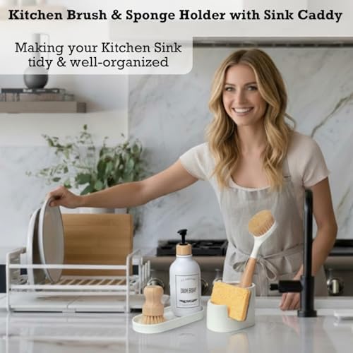 3 in 1 Ceramic Sponge&Brush Holder and Soap Tray Set, Leak-Proof Design to Keep - Image 2