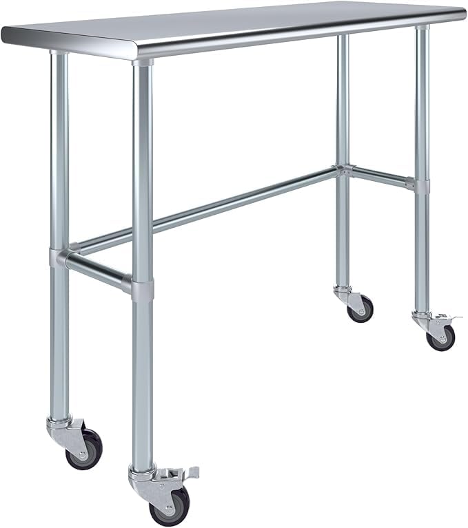 Stainless Steel Work Table Open Base & Wheels | Work Station | Metal Work Bench (Stainless Steel Work Table Open Base + Casters) (48" Long x 18" Deep)