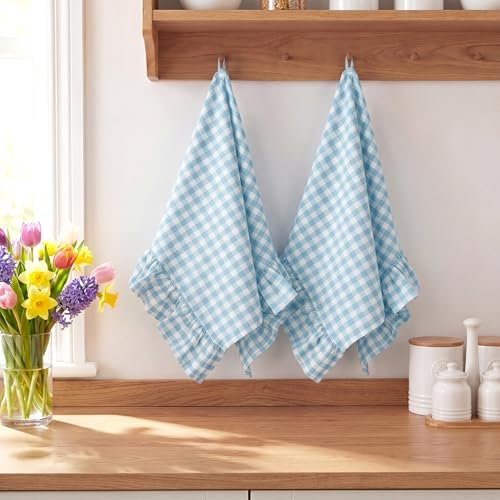 HunnmingRe 2 Pcs Light Blue Gingham Kitchen Towels Cotton Ruffled - Image 5